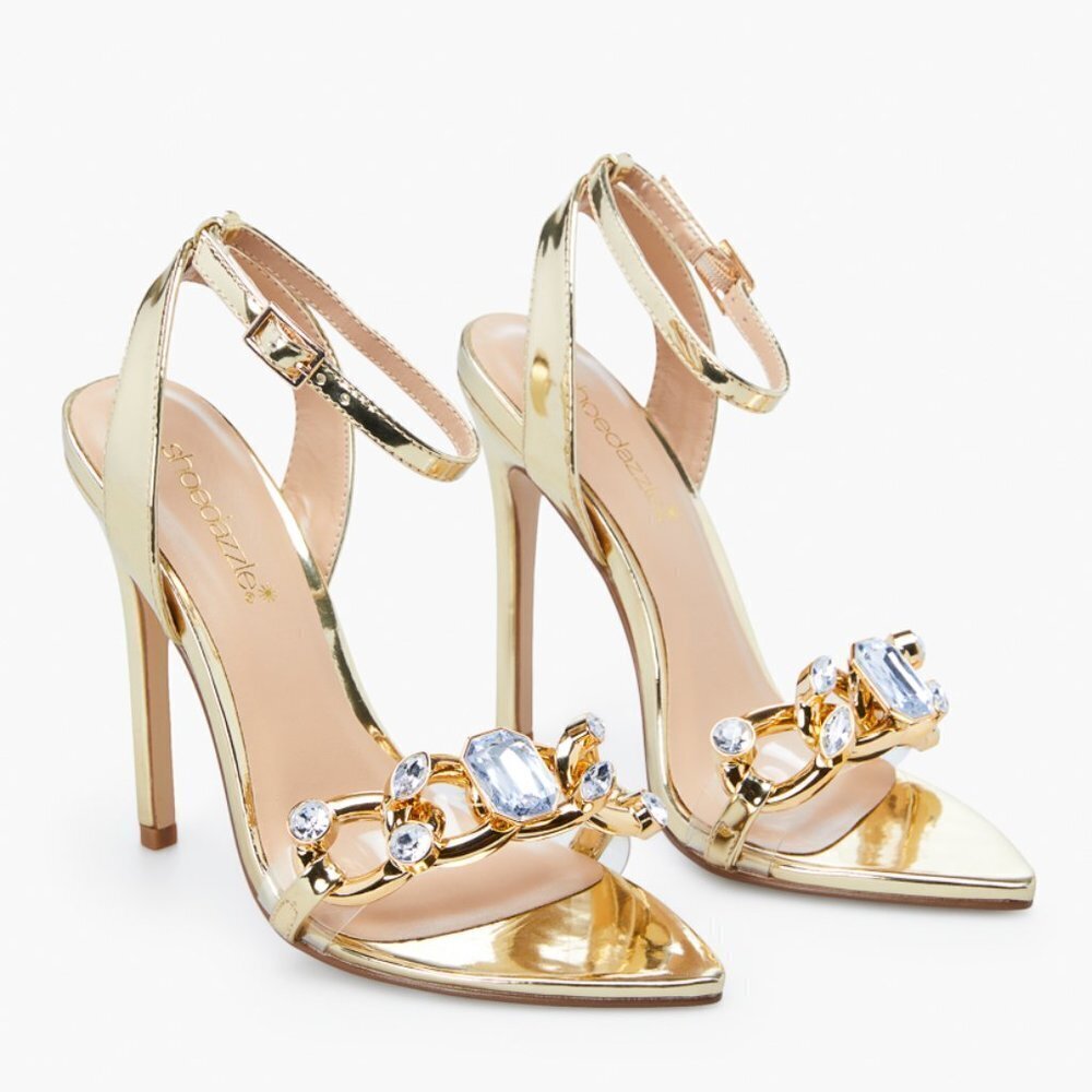 Shoe Dazzle Willow Gold Faux Leather Rhinestone Embellished Stiletto Sandals 7
